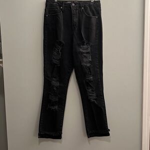 High Rise Black Distress Mom Jeans